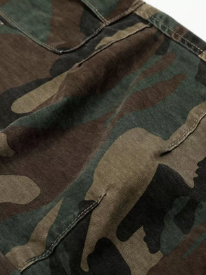 Distressed camouflage cargo pants for men with multiple pockets and stitching details.