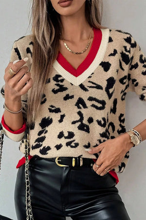 Leopard Pattern V-neck Ribbed Sweater in Leopard, model styling view