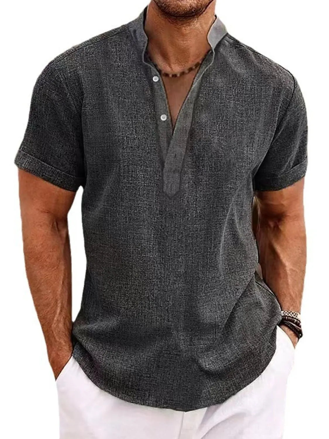 Dark Gray linen blend henley shirt with mandarin collar and button placket.