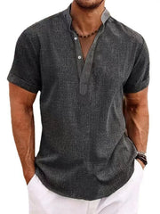 Dark Gray linen blend henley shirt with mandarin collar and button placket.