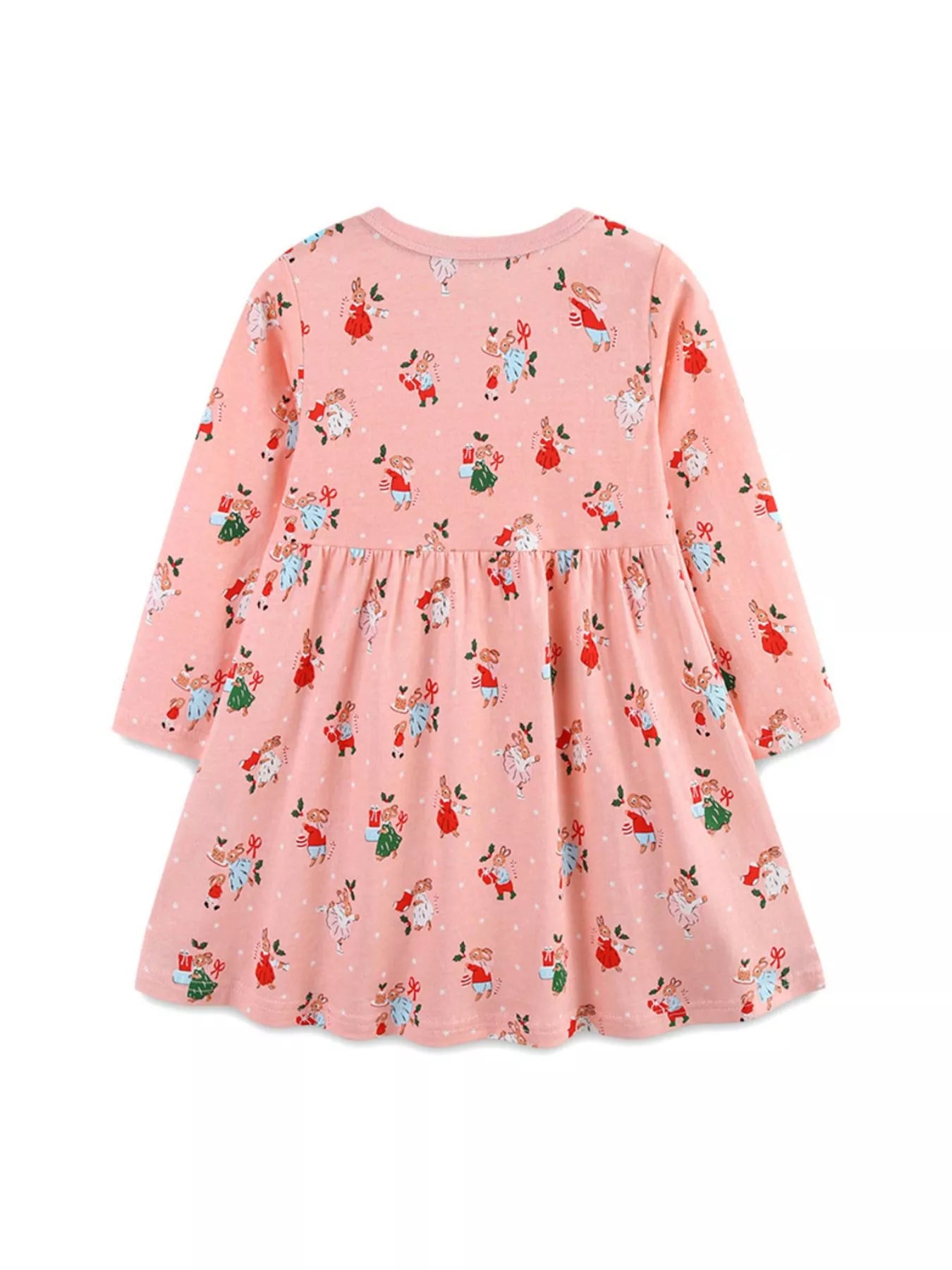 Baby girls' pale blush cotton dress with a Christmas bunny print and long sleeves.
