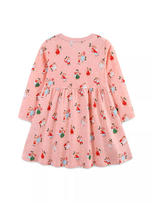 Baby girls' pale blush cotton dress with a Christmas bunny print and long sleeves.