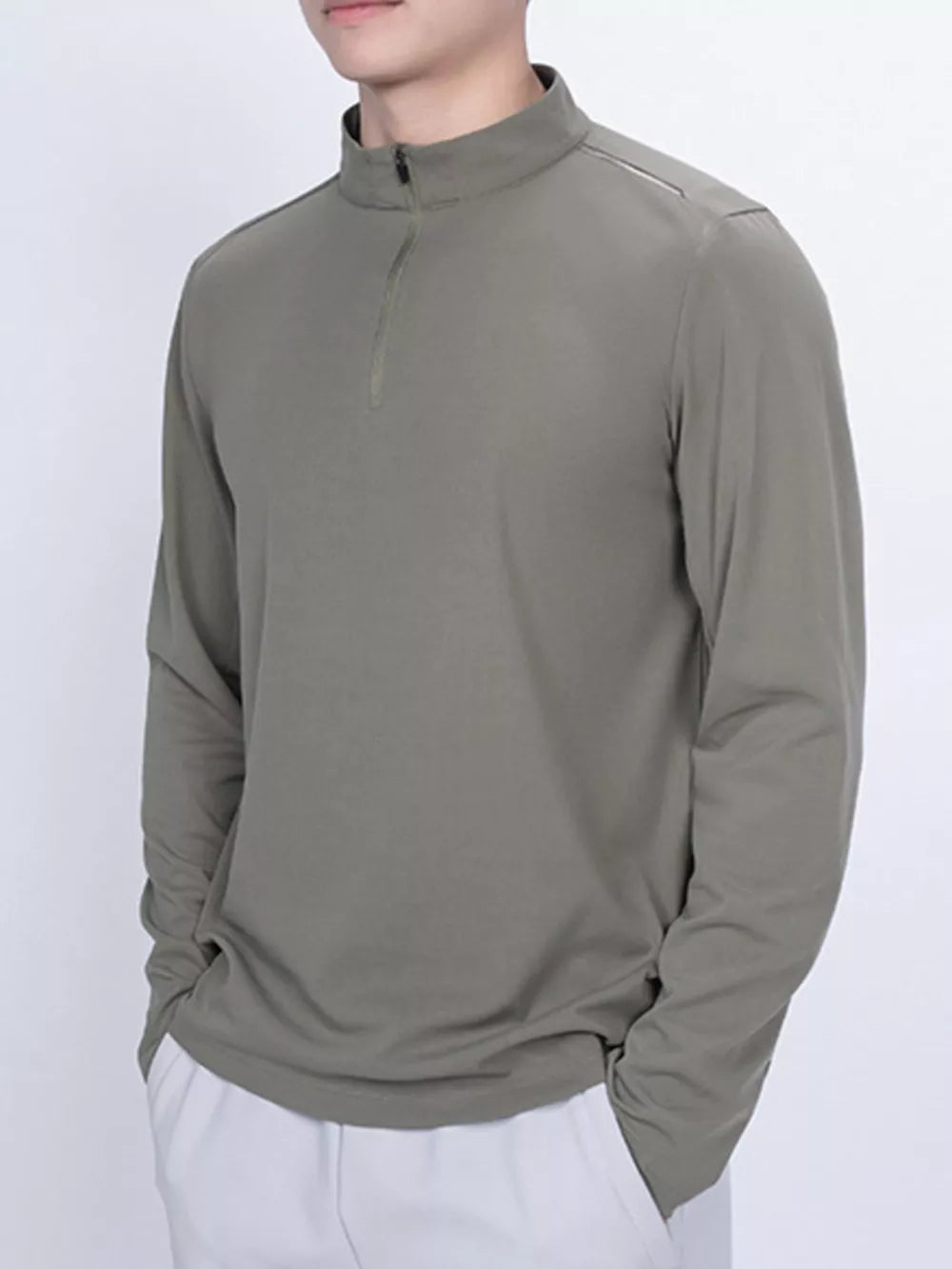 Men's long sleeve quarter-zip t-shirt in Mocha with a stand-up collar and zipper detail.