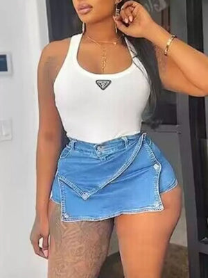 Asymmetrical Wrap Denim Skort in Medium, side view