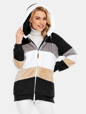 Teddy fleece zip-up hoodie with color block pattern in black, white, grey, and tan.