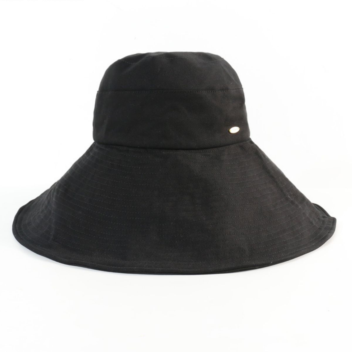 Black cotton sun hat with wide brim and UV protection, featuring subtle stitching detail.
