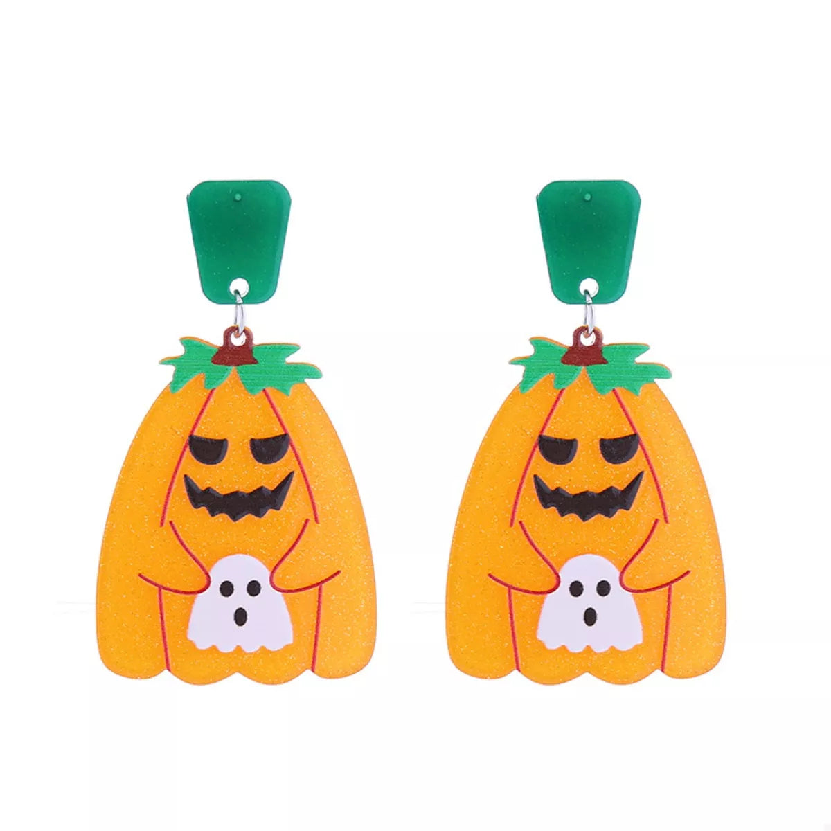 Spooky dangle earrings with orange pumpkins holding white ghosts, green tops.