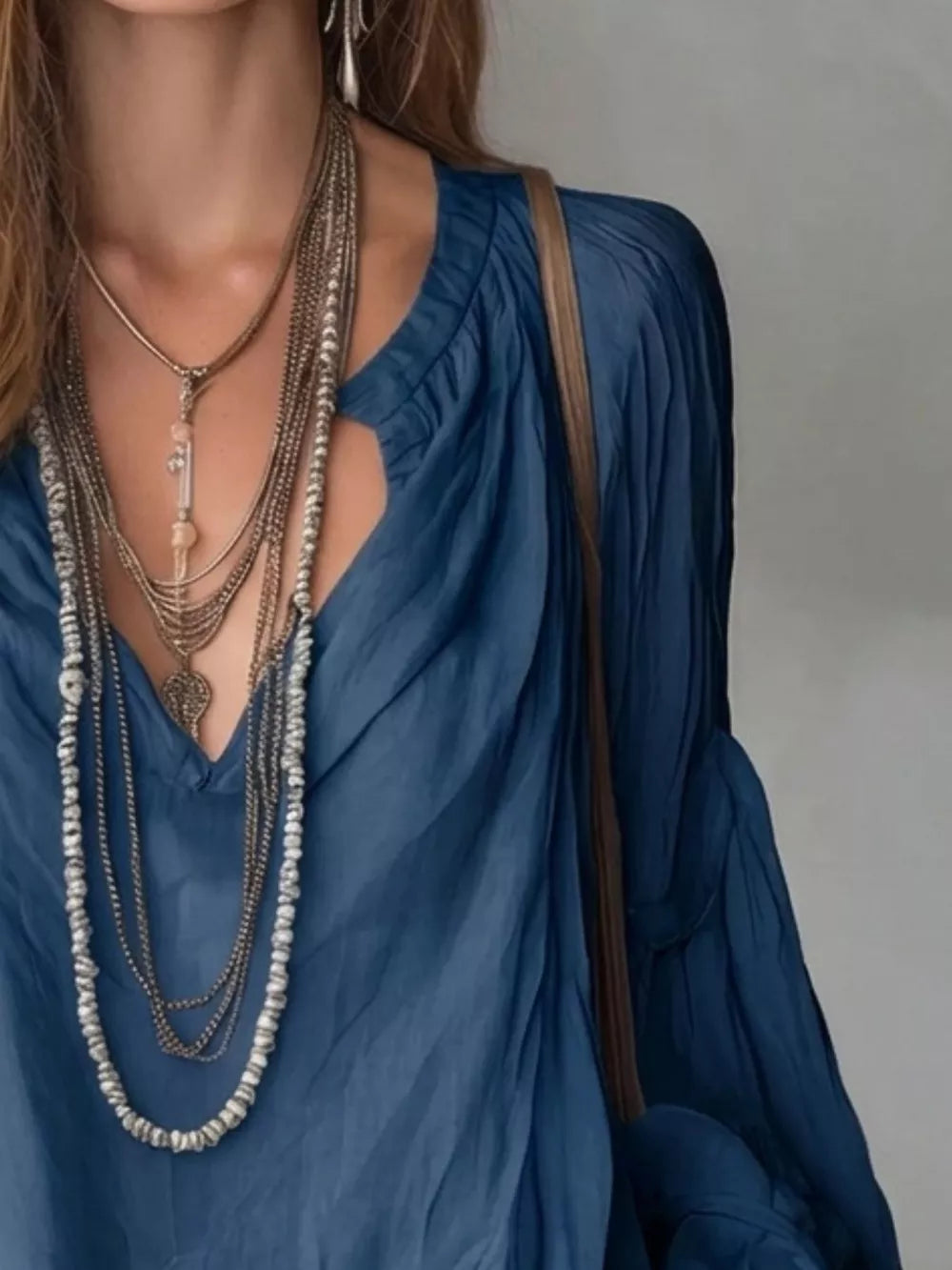 Notched Balloon Sleeve Blouse in Black, view 13
