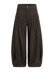 Brown corduroy wide-leg pleated sweatpants with cargo pockets