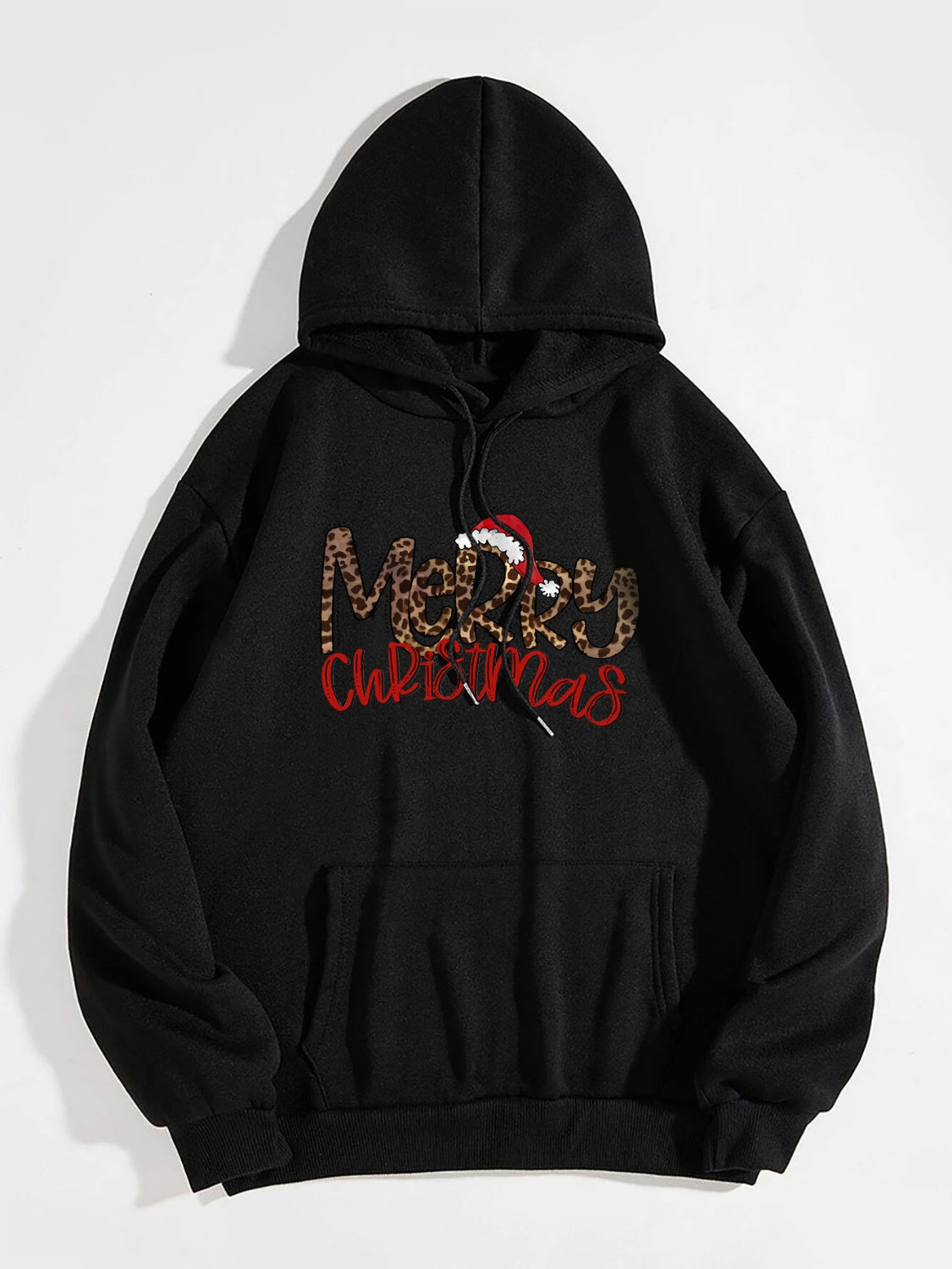 Black hoodie with adjustable hood and Merry Christmas leopard print graphic