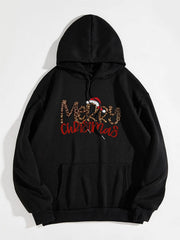 Black hoodie with adjustable hood and Merry Christmas leopard print graphic