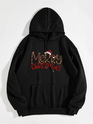 Black hoodie with adjustable hood and Merry Christmas leopard print graphic