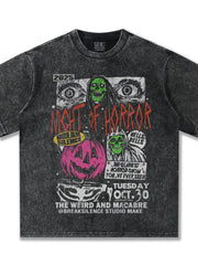 Men's dark gray vintage horror graphic t-shirt with a distressed wash and "Night of Horror" print.