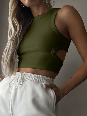 Ribbed cutout crop top in Moss, orange, black, white, caramel, lemon, lavender, gray, or mid green.