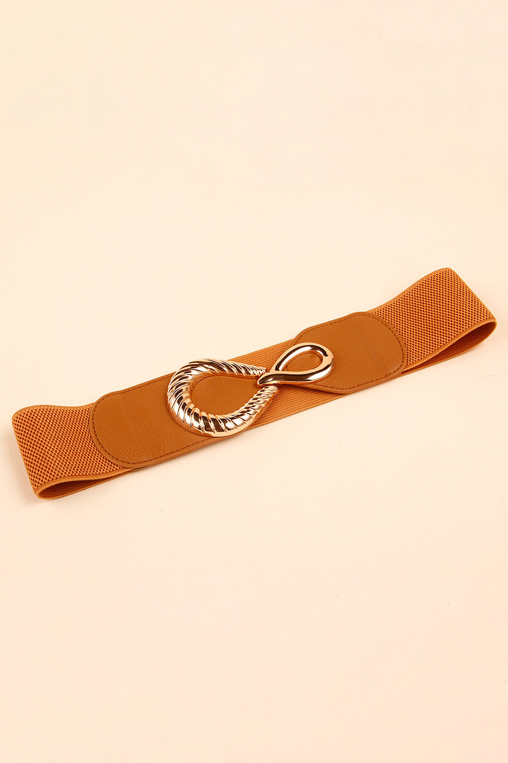 Caramel elasticated waist belt with sculpted gold-tone alloy buckle