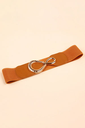 Caramel elasticated waist belt with sculpted gold-tone alloy buckle