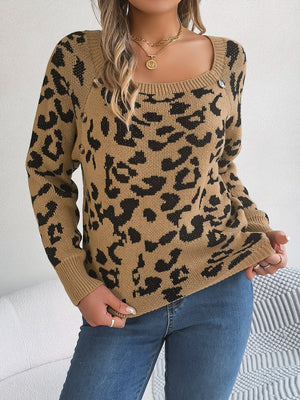 Leopard print acrylic sweater in Khaki with button detail and square neckline.