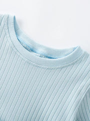 Light blue ribbed knit baby dress with crew neck and ruffled detail.