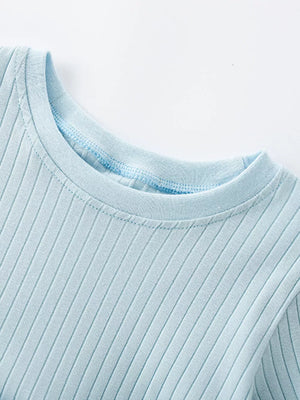 Light blue ribbed knit baby dress with crew neck and ruffled detail.