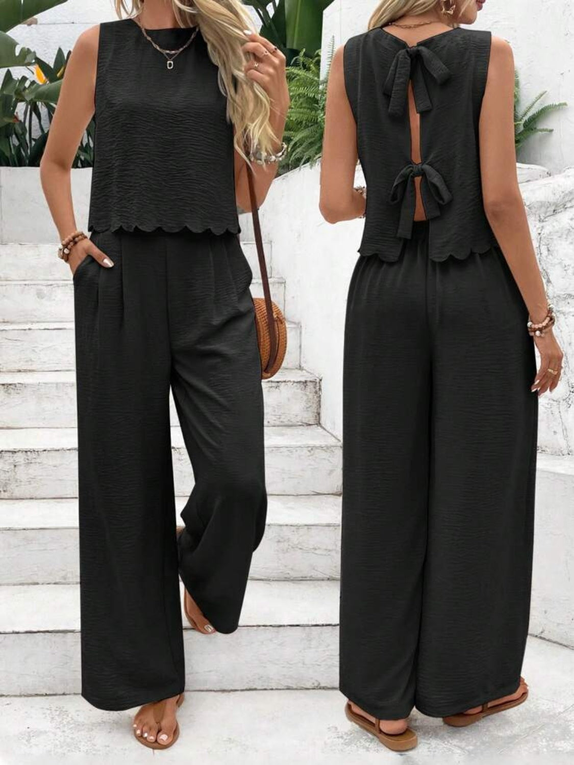 Black linen lounge set with scalloped trim and back bow detail.