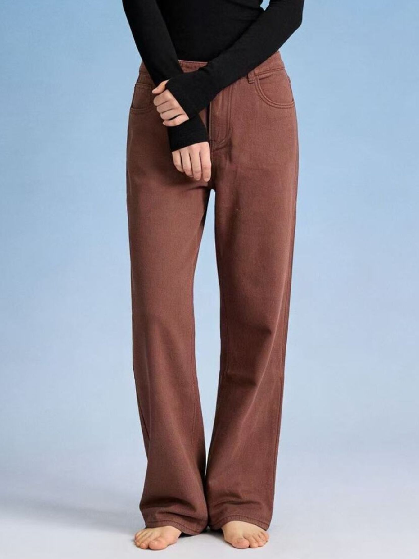 Butterfly back wide-leg jeans in brown cotton blend with high waist.