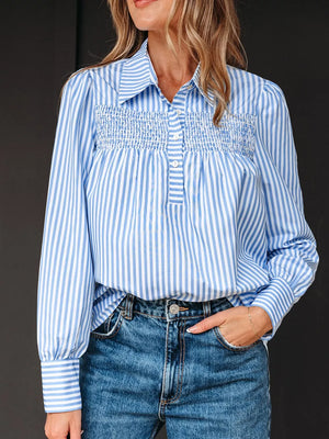 Striped Smocked Collared Blouse in Light Blue, front view