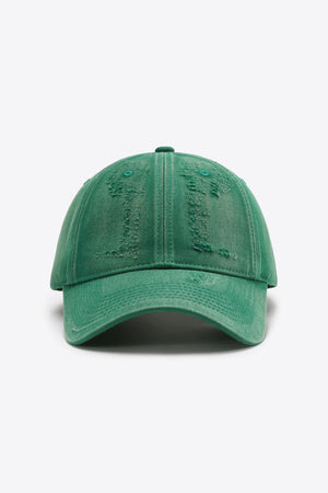 Green distressed baseball cap with adjustable strap
