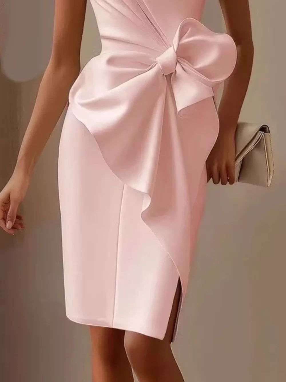 Sleeveless pink dress with a large bow detail and side slit.