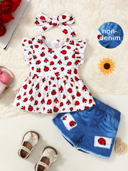 Baby girl's white ruffle sleeve top with ladybug print and blue denim shorts.
