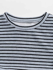 Striped crew neck crop top with textured fabric and black trim.