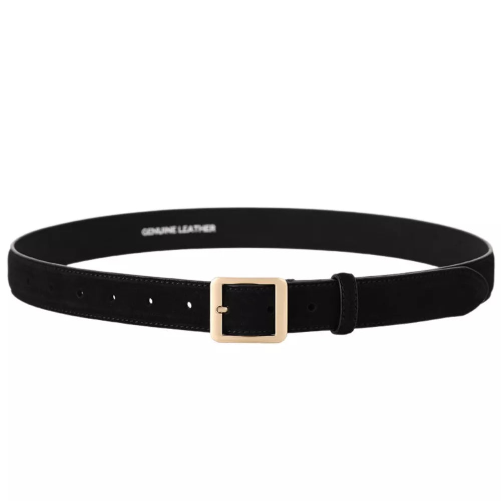 Black cowhide leather belt with square gold buckle and genuine leather stamp.