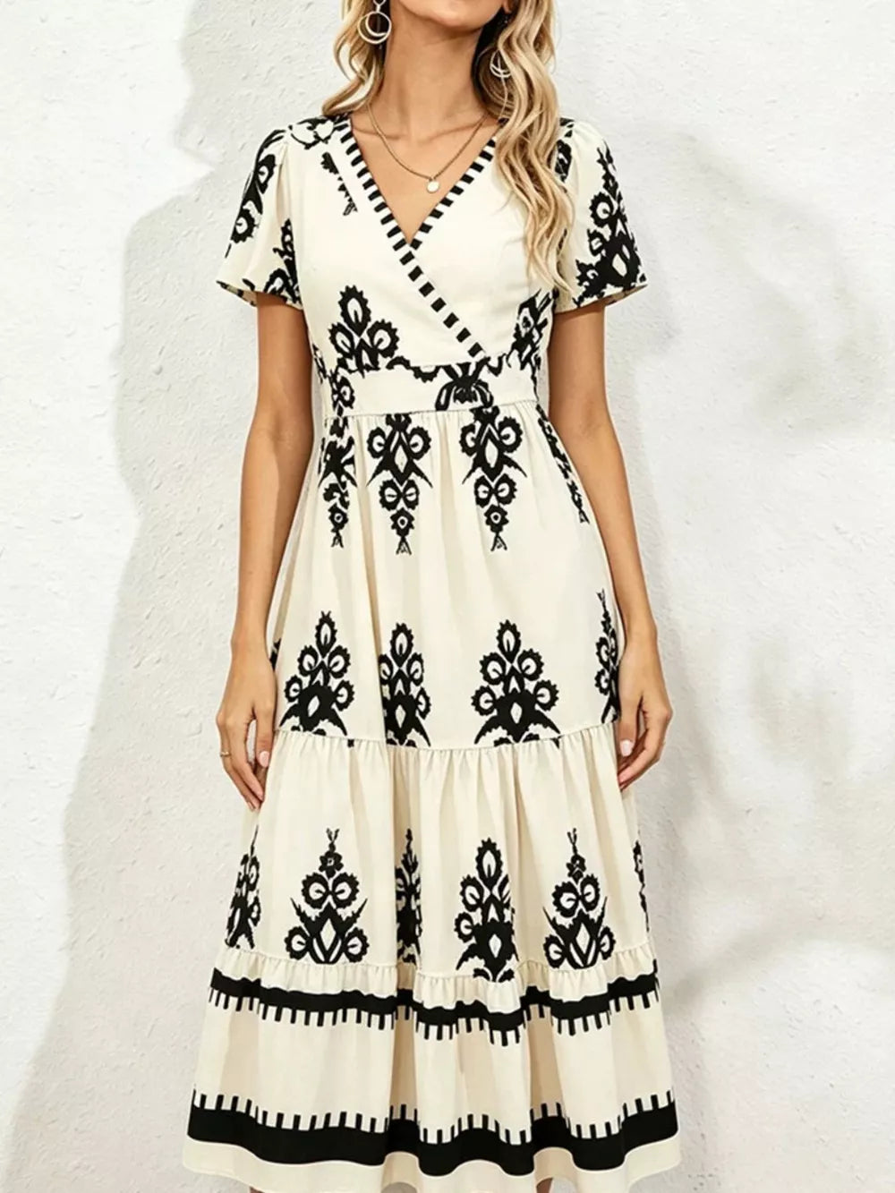 Printed Surplice Short Sleeve Dress in Blue, side view