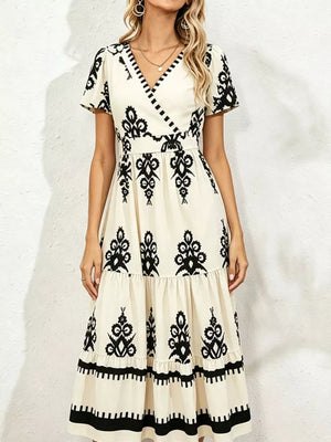Printed Surplice Short Sleeve Dress in Blue, side view