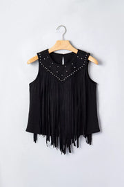 Black fringe tank top with rhinestone-embellished neckline and V-shape detail.