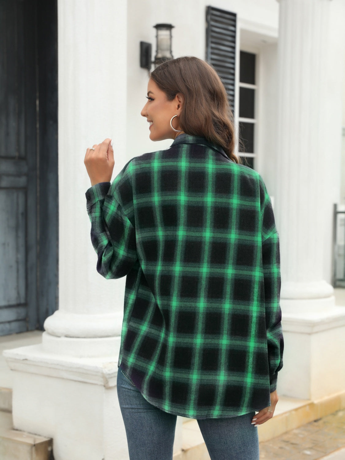 Plaid Perfection Pocket Shirt in dark green and black plaid, button-up style.