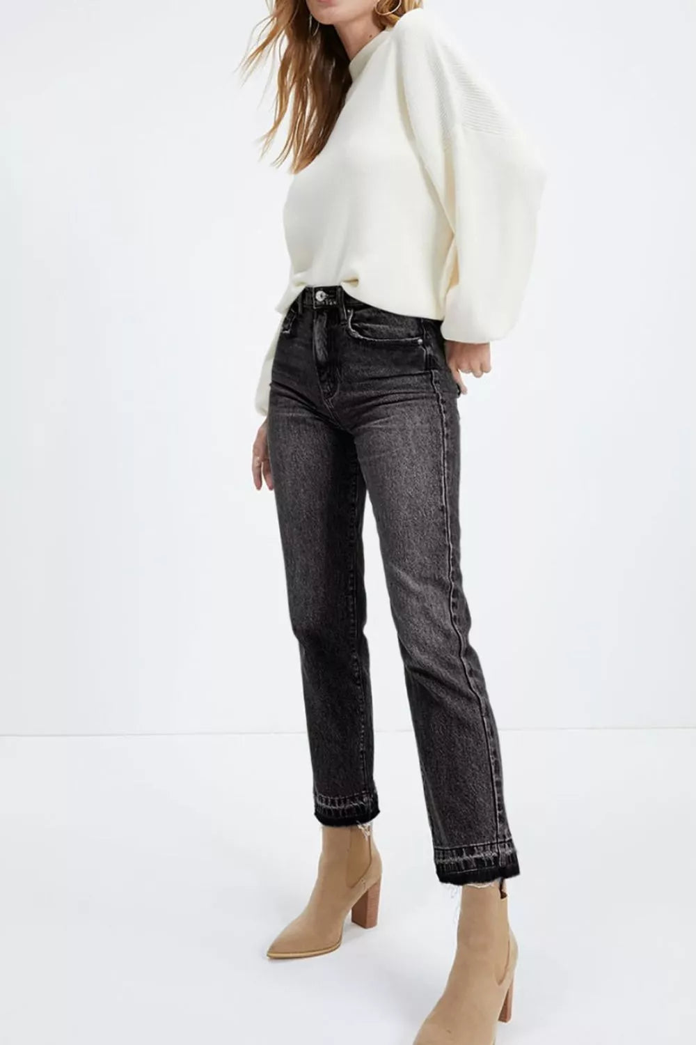 Maternity jeans in charcoal wash denim with distressed hem detail