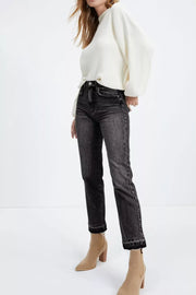 Maternity jeans in charcoal wash denim with distressed hem detail