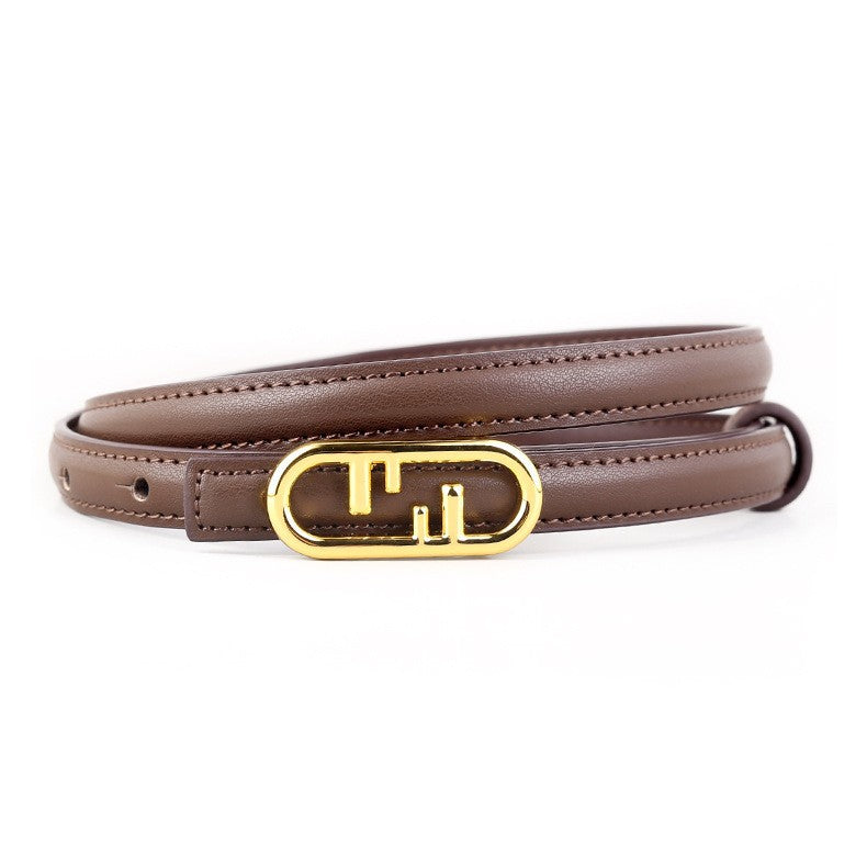 Brown leather belt with oval gold buckle