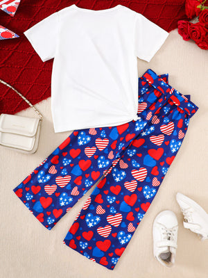 Baby patriotic heart print pants and white short sleeve t-shirt set