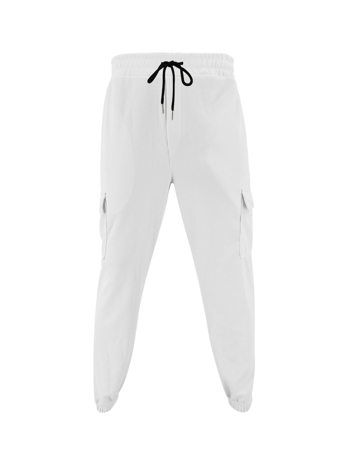 White waffle knit joggers with drawstring and cargo pockets