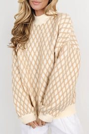 Cream diamond knit balloon sleeve sweater, acrylic, adult casual basic style.