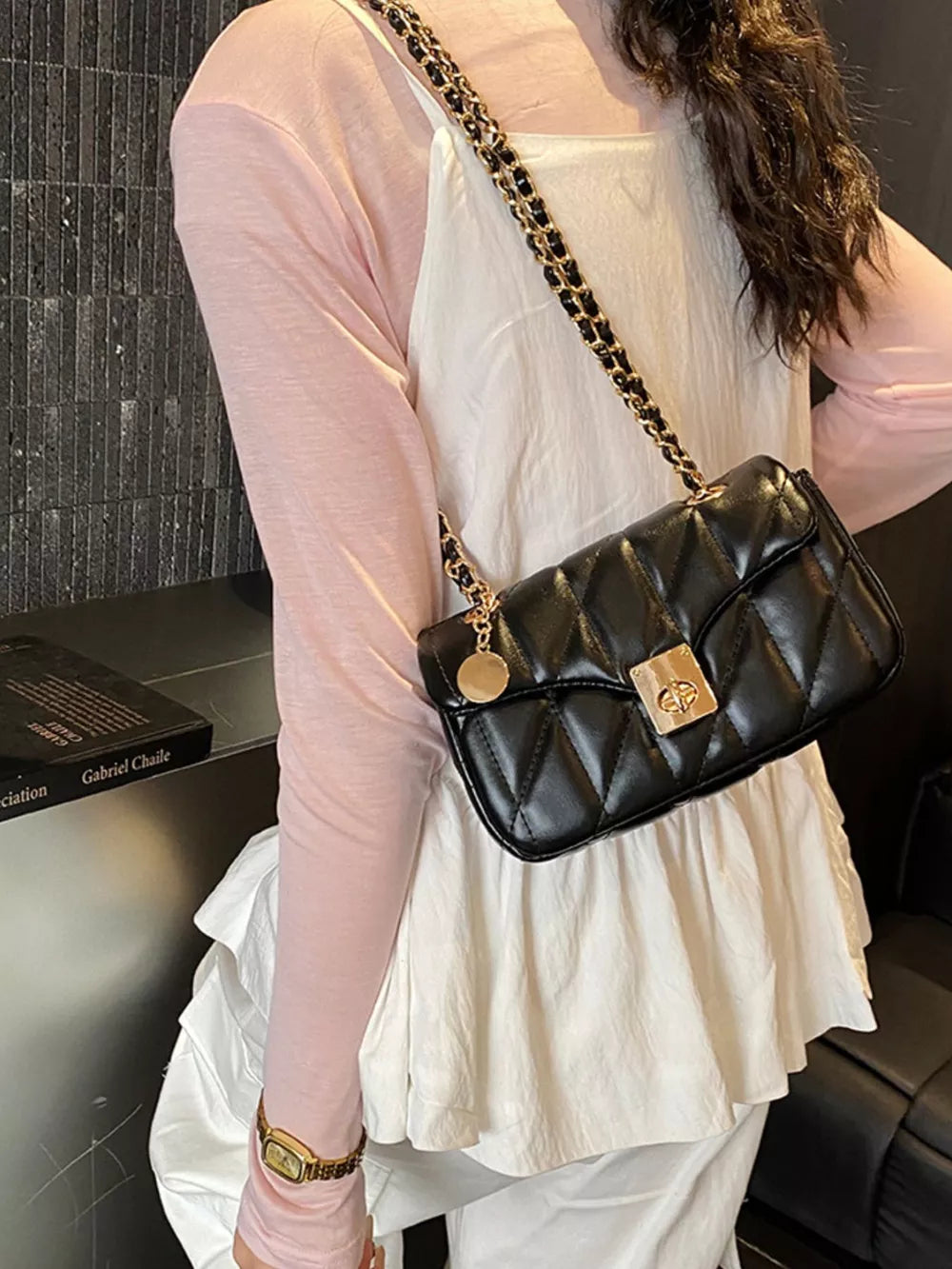 Quilted Chain Shoulder Bag in Black, front view
