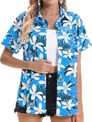 Button-up shirt with tropical hibiscus print in blue, white and green.