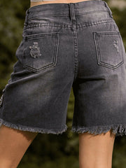 Gray distressed denim shorts with frayed hem and ripped details.