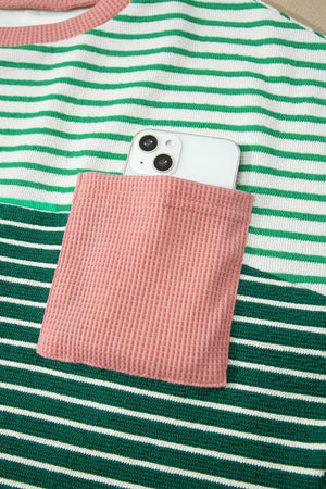 Stripe Contrast Color Block Relaxed Tee in Gum Leaf, fabric detail