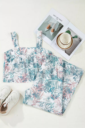 Botanical print two-piece set with square neck tank and elastic waist pants.