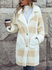 Beige checkered teddy coat with button front and large front pockets.