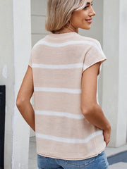 Striped knit tee in tan with white stripes, short sleeves, and a vertical seam detail.