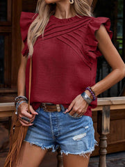 Burgundy pleated yoke ruffle sleeve blouse with a round neckline.