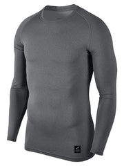 Dark Gray performance long sleeve tee with crew neck and logo detail.